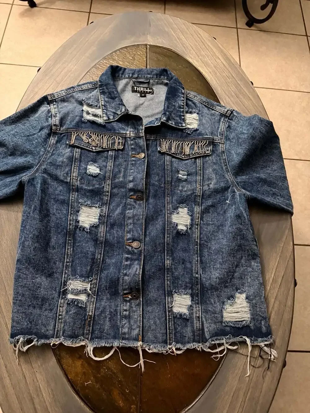 Thrill Jeans Distressed Rhinestone Fringe Denim Jacket Size 1X